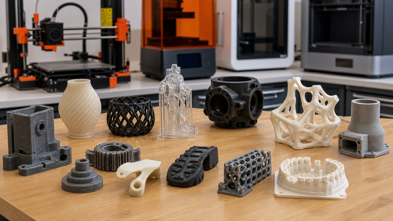 Assorted 3D printed prototypes showing filament, resin, and powder-bed textures on a lab bench.