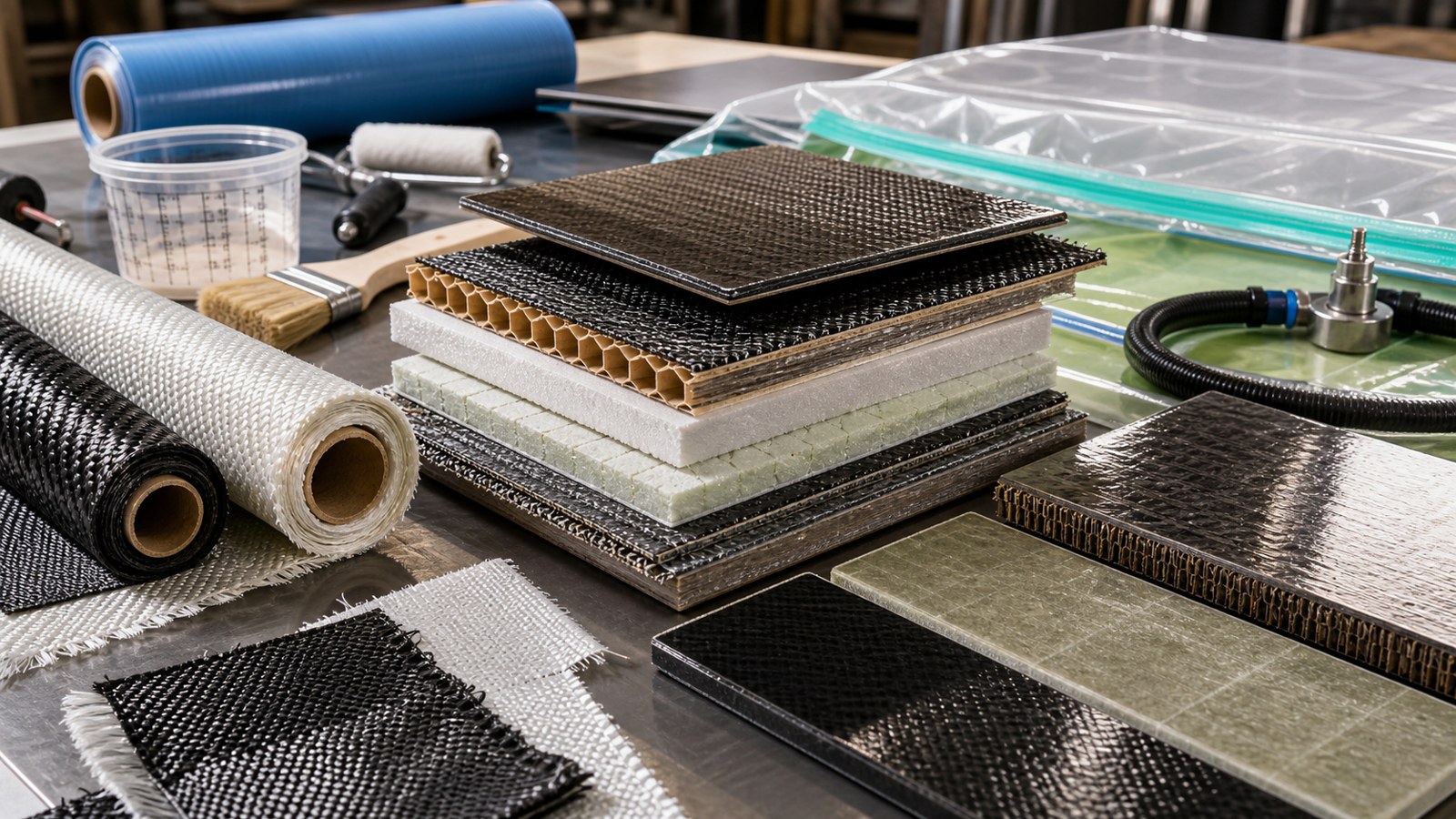 Layered composite fabrics, cores, resin tools, and cured lightweight panels on a technical workbench.
