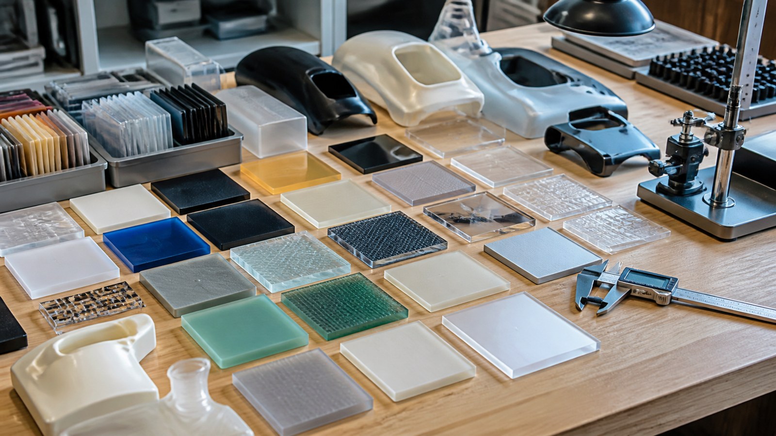 Plastic sample plaques and prototype shells on a product design bench.