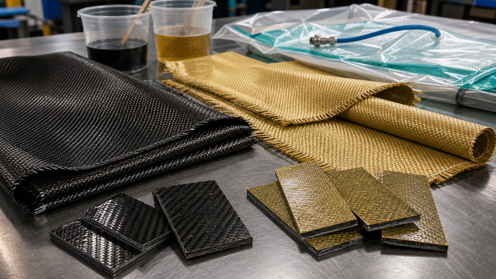 Carbon fiber and aramid composite fabrics arranged with cured test coupons on a fabrication bench.