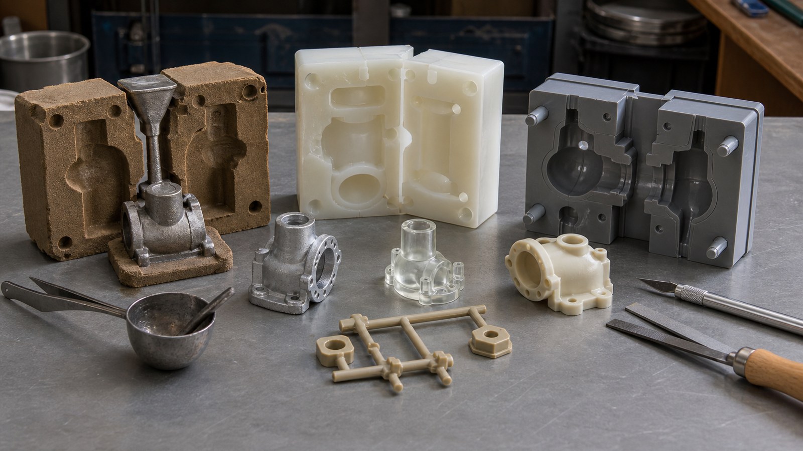 Casting and molding process samples arranged on a fabrication bench.