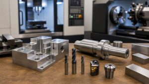 Milled aluminum block and turned cylindrical shaft arranged on a precision machine shop bench.
