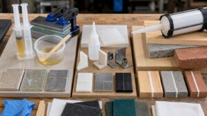 Three unlabeled adhesive bonding setups with clamps, samples, and prepared joints on a fabrication bench.