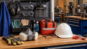 Fabrication shop safety station with PPE, respirator, face shield, gloves, and organized hazard-control gear.