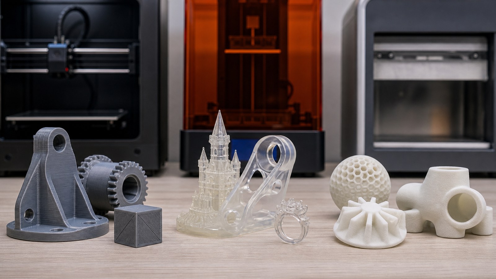 FDM, SLA, and SLS printed samples shown side by side on an additive manufacturing bench.