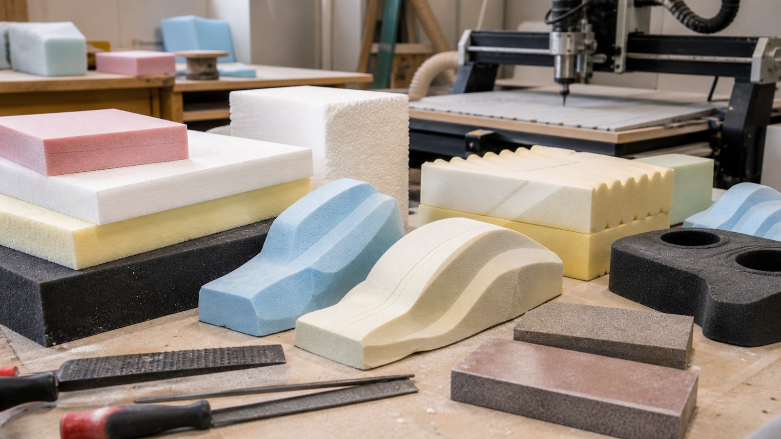 Foam blocks and shaped prototype cores on a fabrication table.