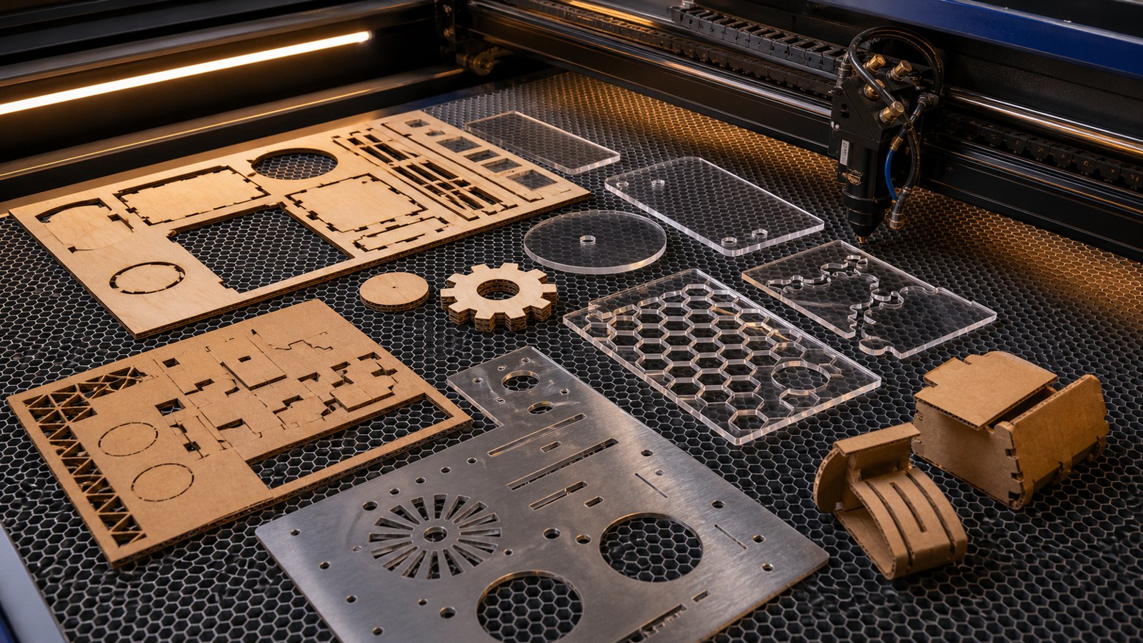 Laser-cut material samples arranged on a honeycomb cutting bed.