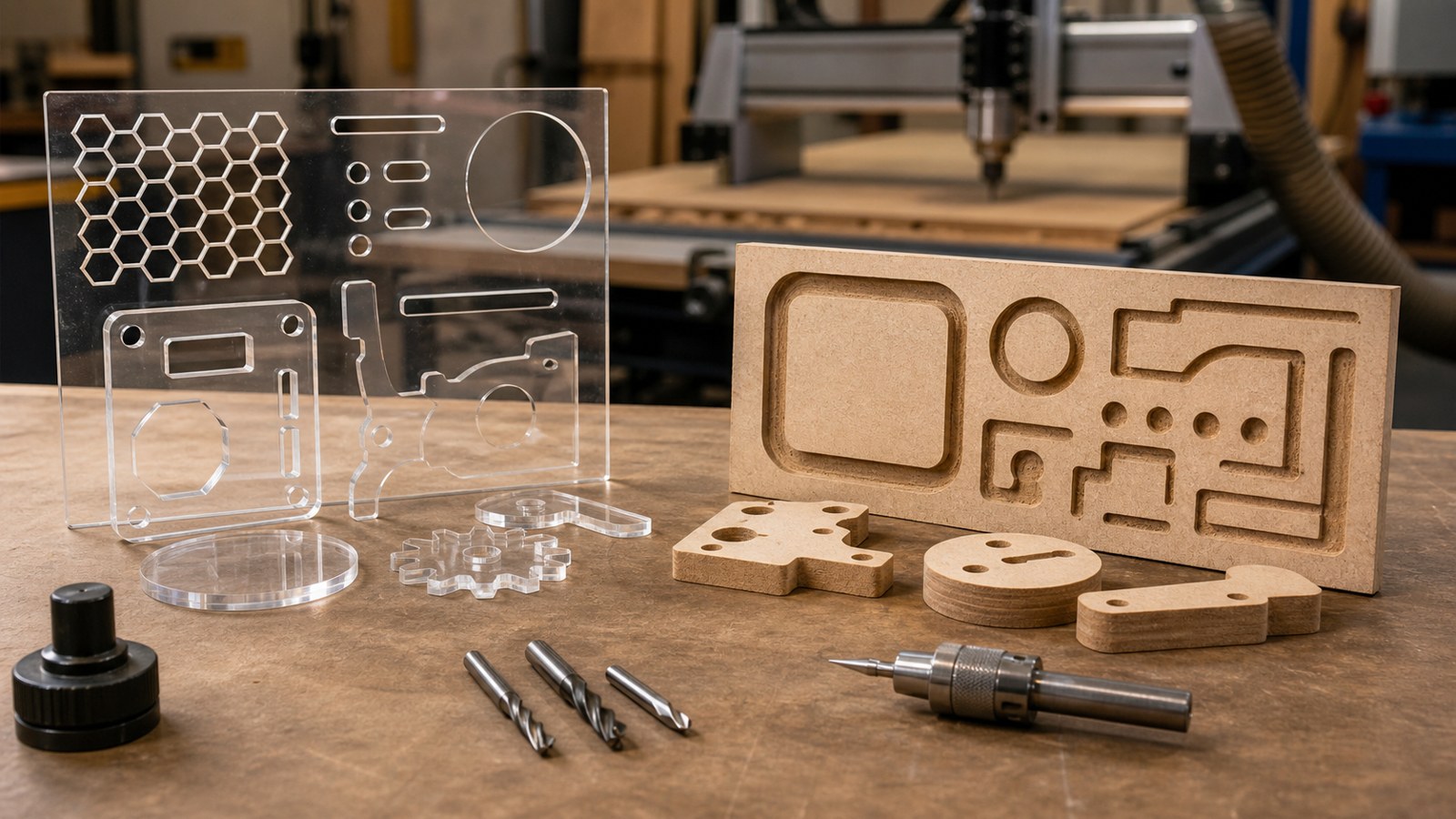 Laser-cut acrylic sample beside CNC-routed wood and composite panels on a fabrication bench.