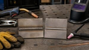 MIG and TIG weld bead comparison with welding tools and protective gear on a shop bench.