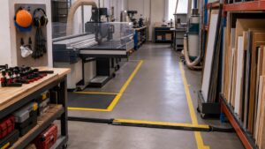Organized fabrication shop floor showing machine guarding, dust control, safe storage, clear walkways, and PPE station.