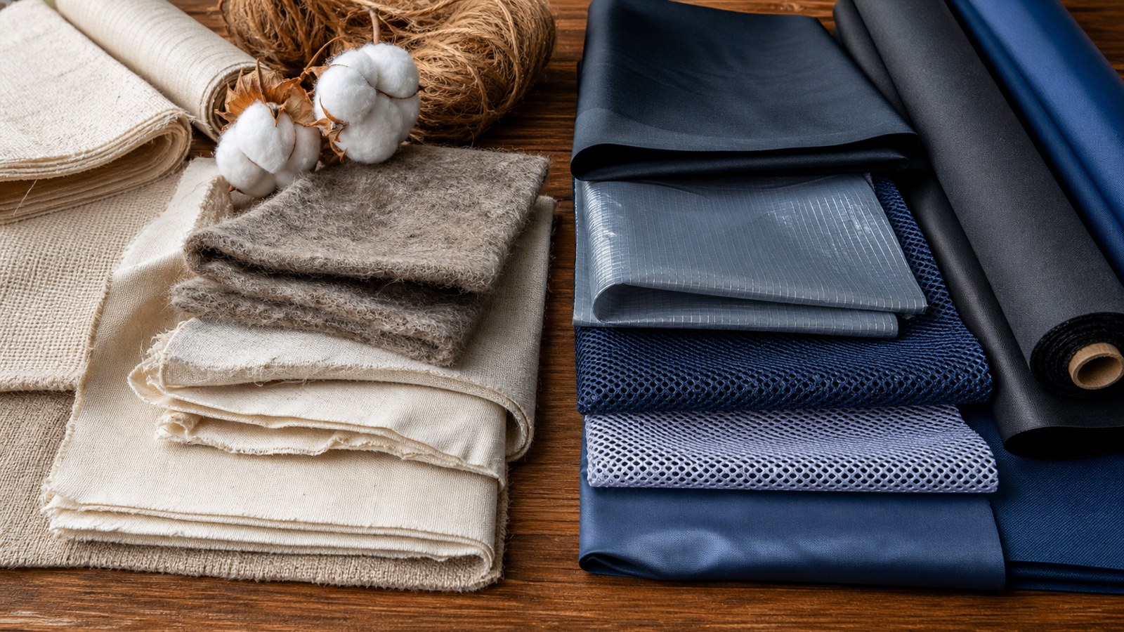 Natural and synthetic fabric samples shown side by side on a textile workshop table.