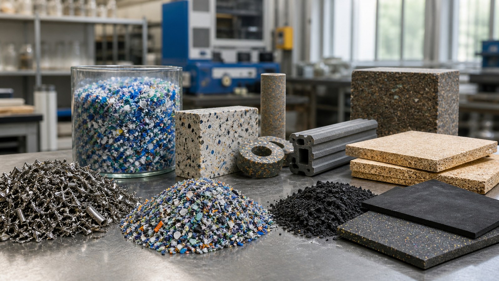 Recycled feedstock and finished manufacturing samples arranged in a material lab.