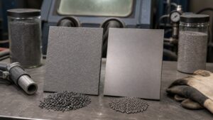 Abrasive blasted and bead blasted metal samples shown side by side near blasting tools.