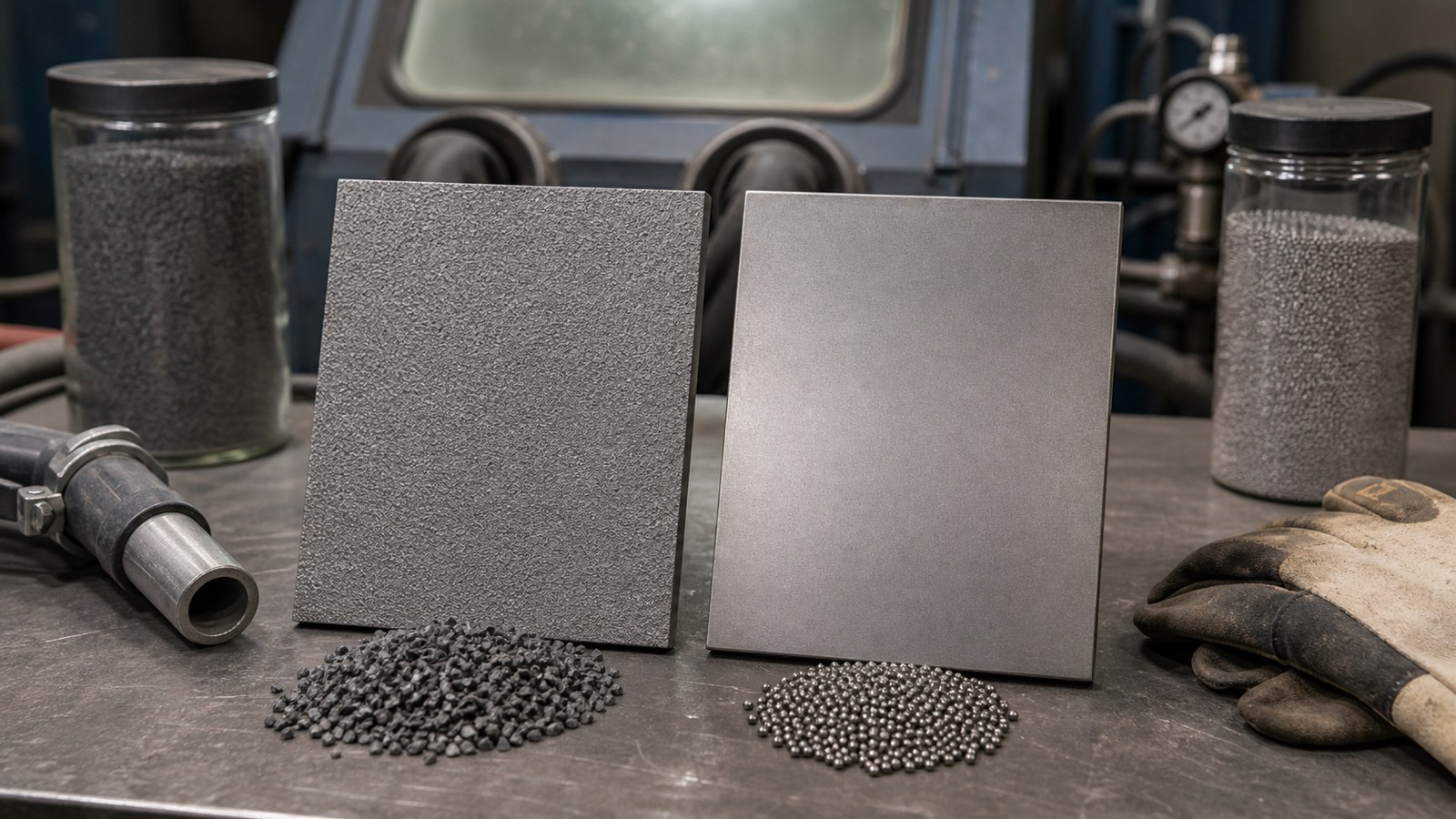 Abrasive blasted and bead blasted metal samples shown side by side near blasting tools.
