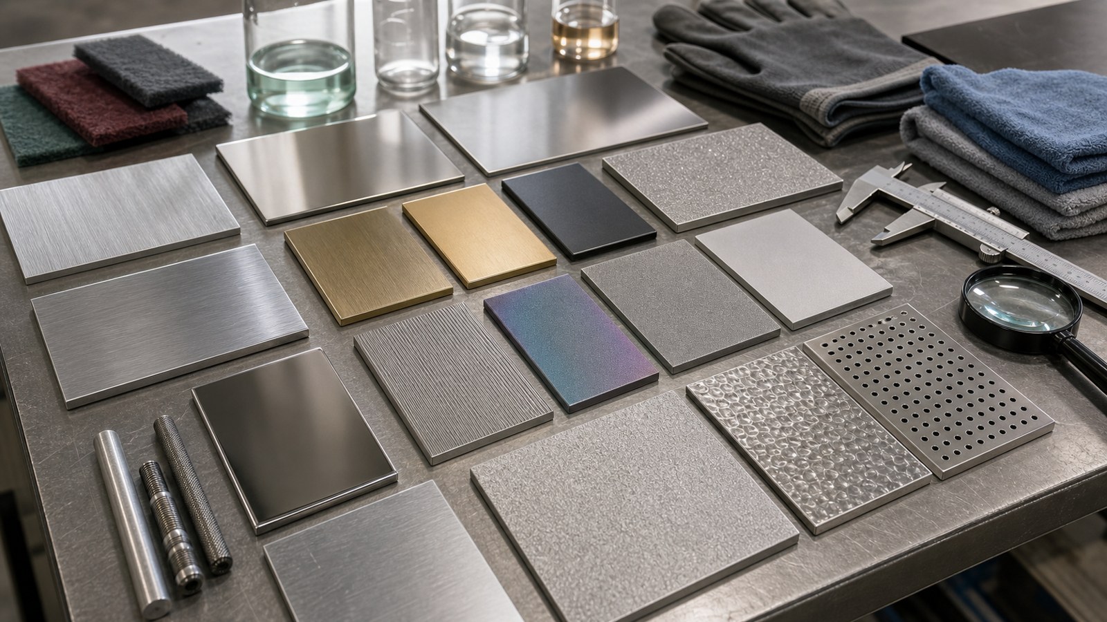 Treated material coupons showing brushed, polished, textured, and corrosion-prep surfaces on an inspection bench.