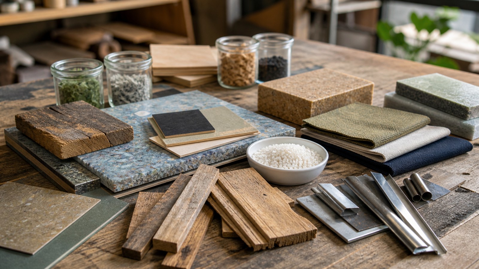 Sustainable fabrication material samples arranged on a modern workshop bench.
