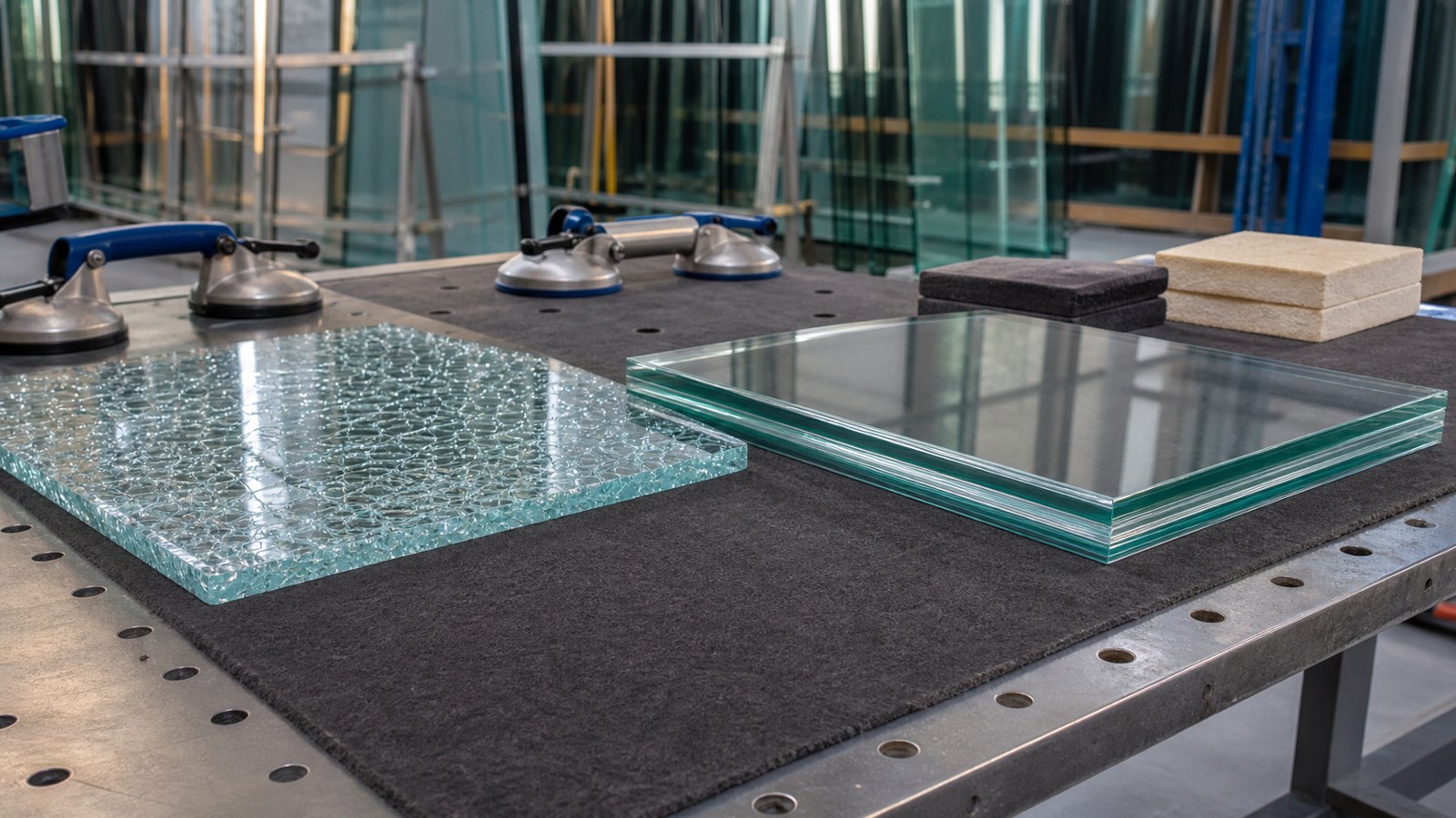 Tempered and laminated safety glass samples on a glass fabrication bench.