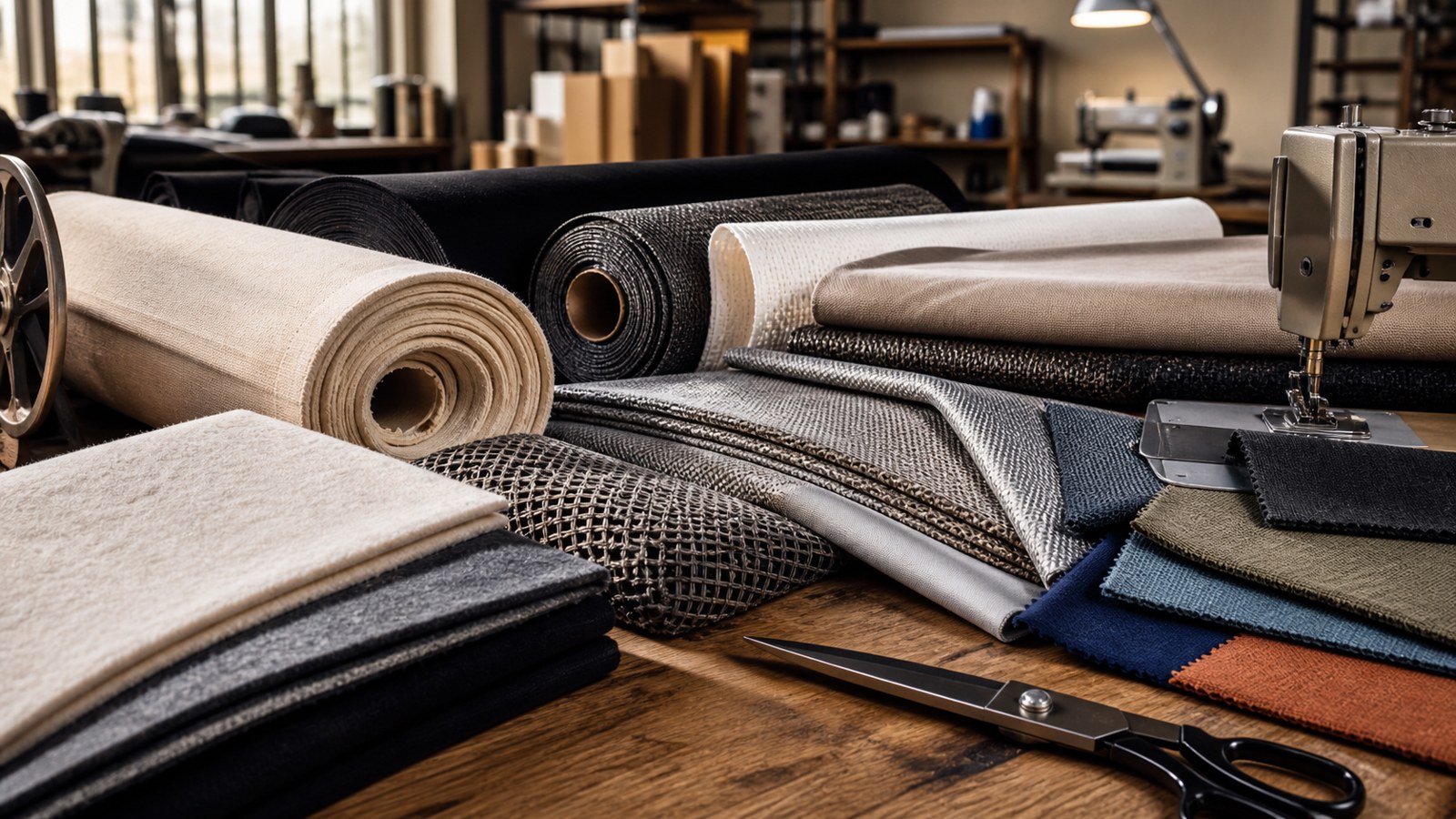 Textile rolls and fabric swatches arranged on a fabrication cutting table.