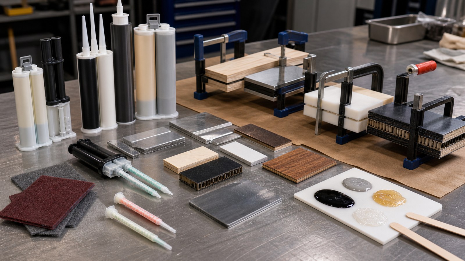 Prepared material coupons, clamps, and adhesive tools arranged at a clean bonding station.