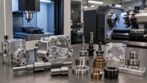 Milled and turned metal components arranged on a precision manufacturing bench.
