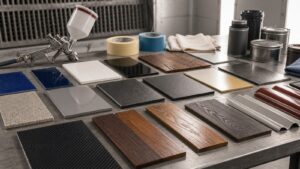 Finished material sample panels showing different sheens, colors, textures, and protective coatings.