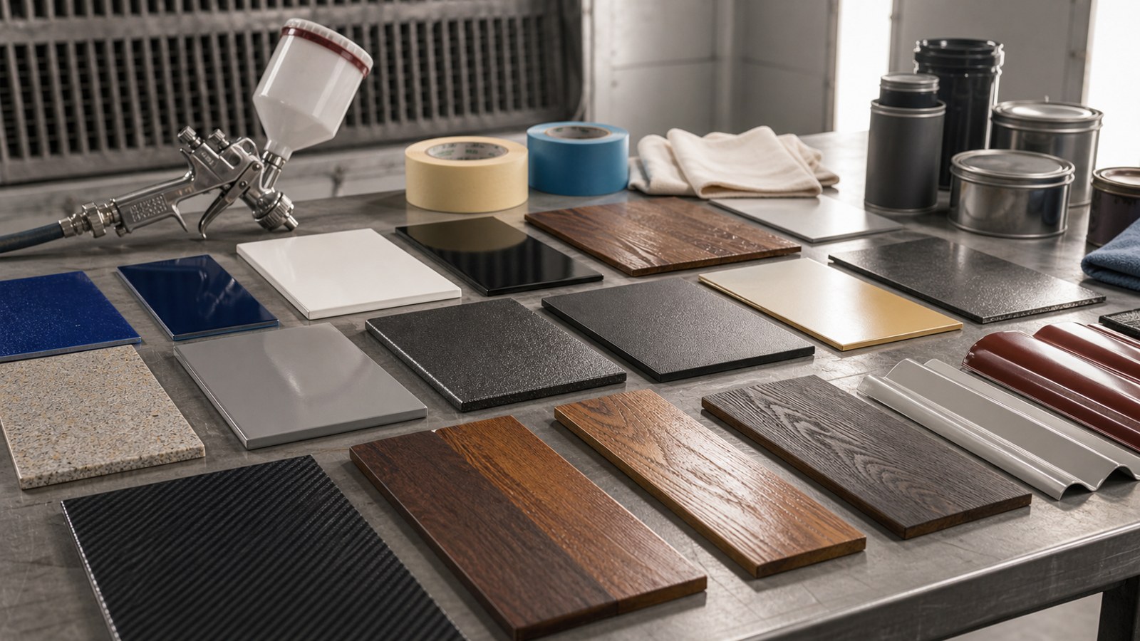 Finished material sample panels showing different sheens, colors, textures, and protective coatings.
