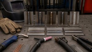 Welding coupons, bead samples, torch tools, electrode holder, filler rods, clamps, gloves, and helmet on a clean bench.