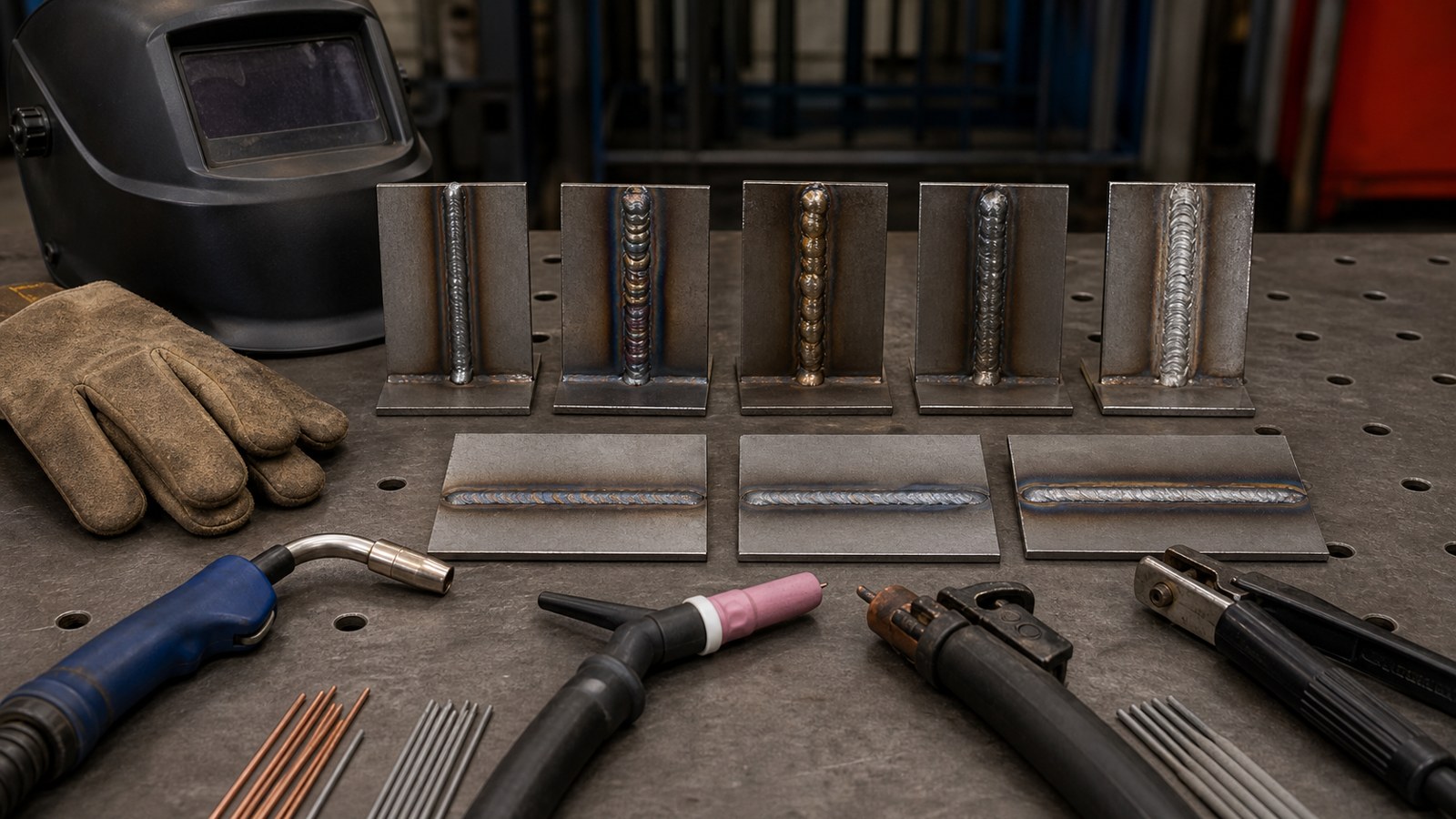 Welding coupons, bead samples, torch tools, electrode holder, filler rods, clamps, gloves, and helmet on a clean bench.