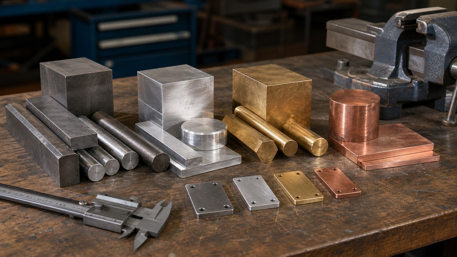 Metal and alloy samples arranged on a fabrication workshop bench.