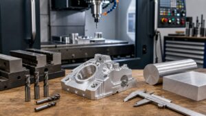 Machined aluminum part, end mills, vise jaws, and raw stock on a CNC shop bench.