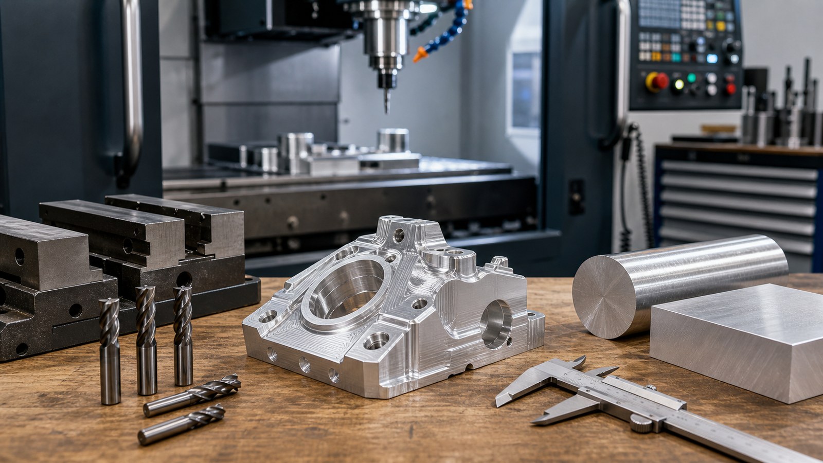 Machined aluminum part, end mills, vise jaws, and raw stock on a CNC shop bench.