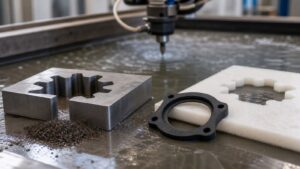 Abrasive-cut metal sample beside pure-water-cut rubber gasket and foam sheet on wet waterjet bench.