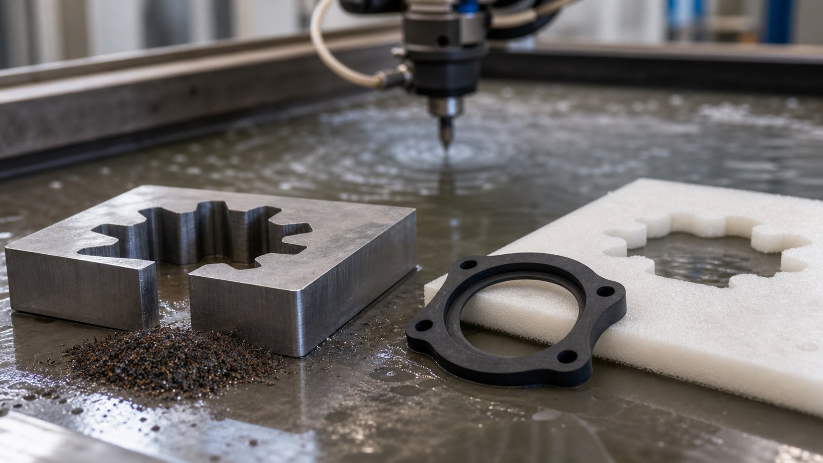 Abrasive-cut metal sample beside pure-water-cut rubber gasket and foam sheet on wet waterjet bench.