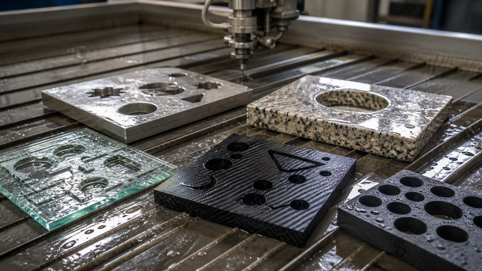 Wet waterjet table with cut samples of metal, stone, glass, black composite, and rubber.