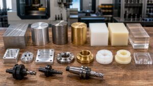 Metal and plastic CNC machining material samples with machined coupons and blank tool holders on shop bench.