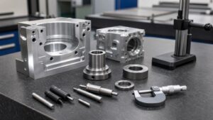 Machined aluminum and steel parts on an inspection surface plate with plain gauges and unmarked measuring tools.