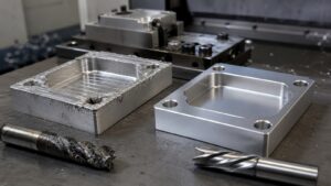 Rejected CNC machined part with chatter and burrs beside clean approved part and worn cutting tool.