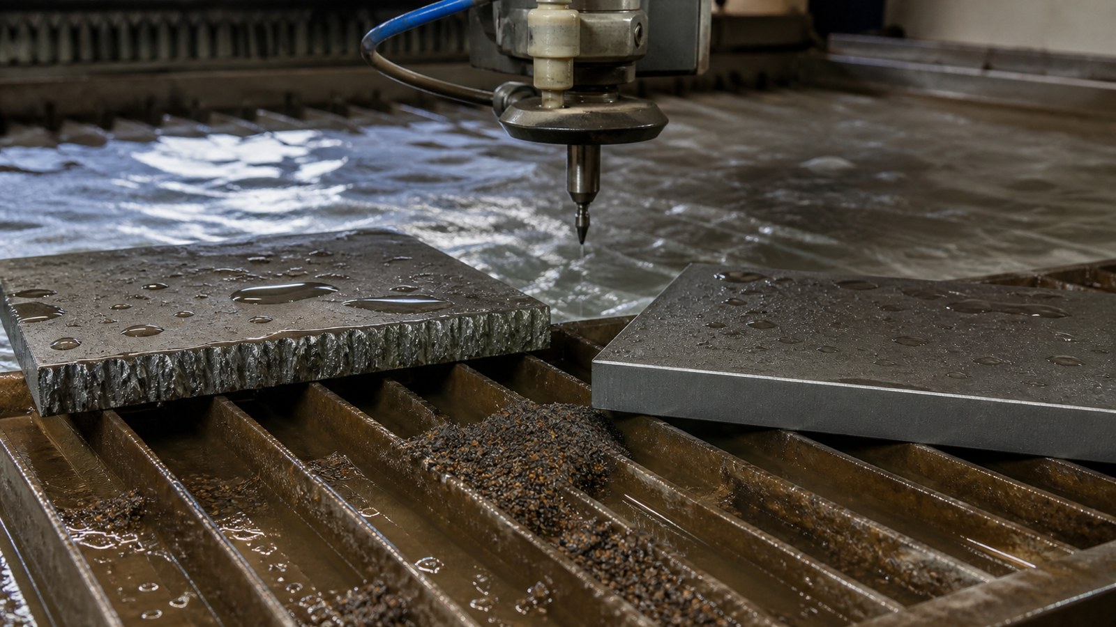 Waterjet nozzle over wet plates showing one rough cut edge sample beside a clean corrected cut sample.