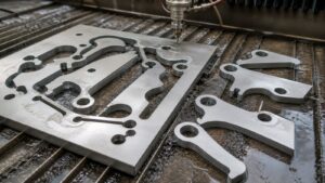 Waterjet-cut aluminum plate with tabs, lead-in offcuts, internal radii, separated parts, wet support table, and abrasive grit.
