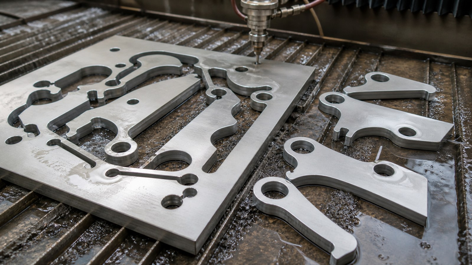 Waterjet-cut aluminum plate with tabs, lead-in offcuts, internal radii, separated parts, wet support table, and abrasive grit.