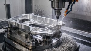 Modern CNC machine cutting a thin-walled aluminum component with curled chips and coolant inside an enclosed workspace.