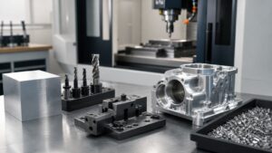 CNC milling setup with raw aluminum stock, cutting tools, fixture plate, chips, and finished machined housing.