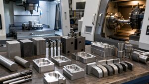 Clean CNC design workspace with machined parts, blank engineering paper, calipers without markings, and aluminum components.