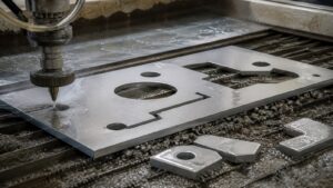Waterjet nozzle cutting clean stainless plate with cool edges, water spray, support slats, and abrasive grit.