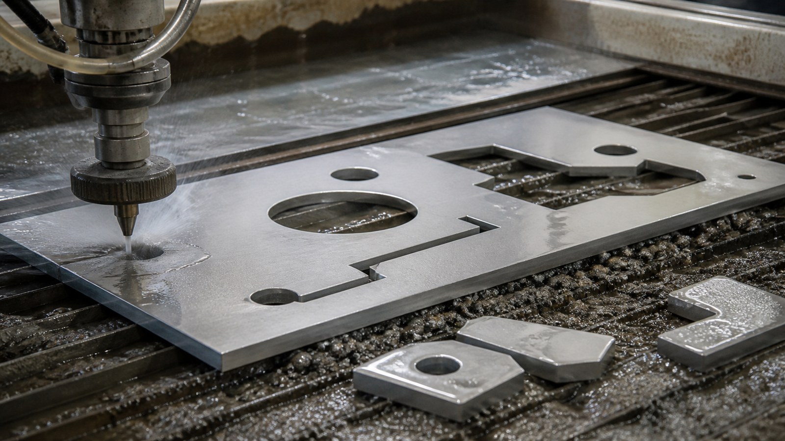 Waterjet nozzle cutting clean stainless plate with cool edges, water spray, support slats, and abrasive grit.