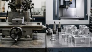 Manual milling setup beside precise CNC-machined parts and modern CNC machine in the background.