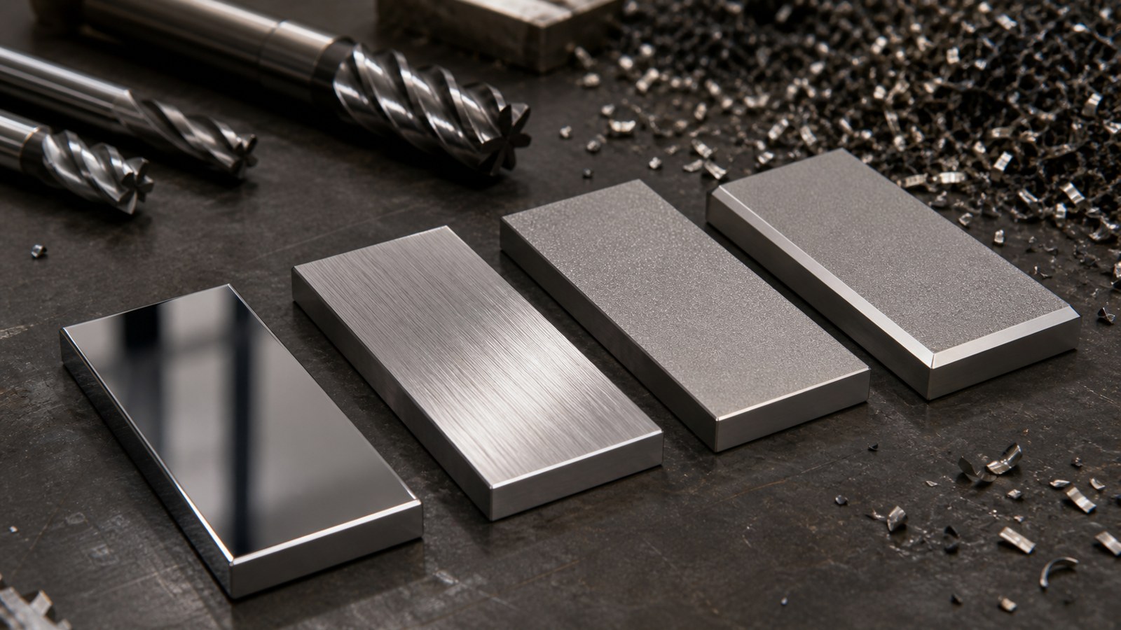 CNC machined metal coupons with mirror, milled, satin, and chamfered surface finishes on a dark bench.
