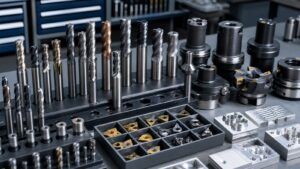Assorted CNC end mills, drills, inserts, and toolholders arranged on a machine shop bench.