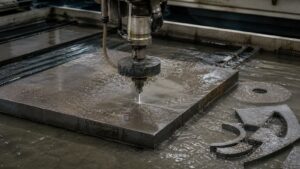 Waterjet cutting machine cutting thick metal plate under water spray with cut parts nearby.