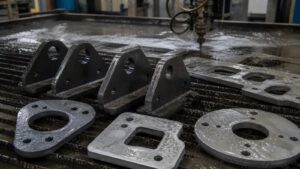 Heavy steel brackets and aluminum plates freshly cut on wet waterjet table with nozzle in background.
